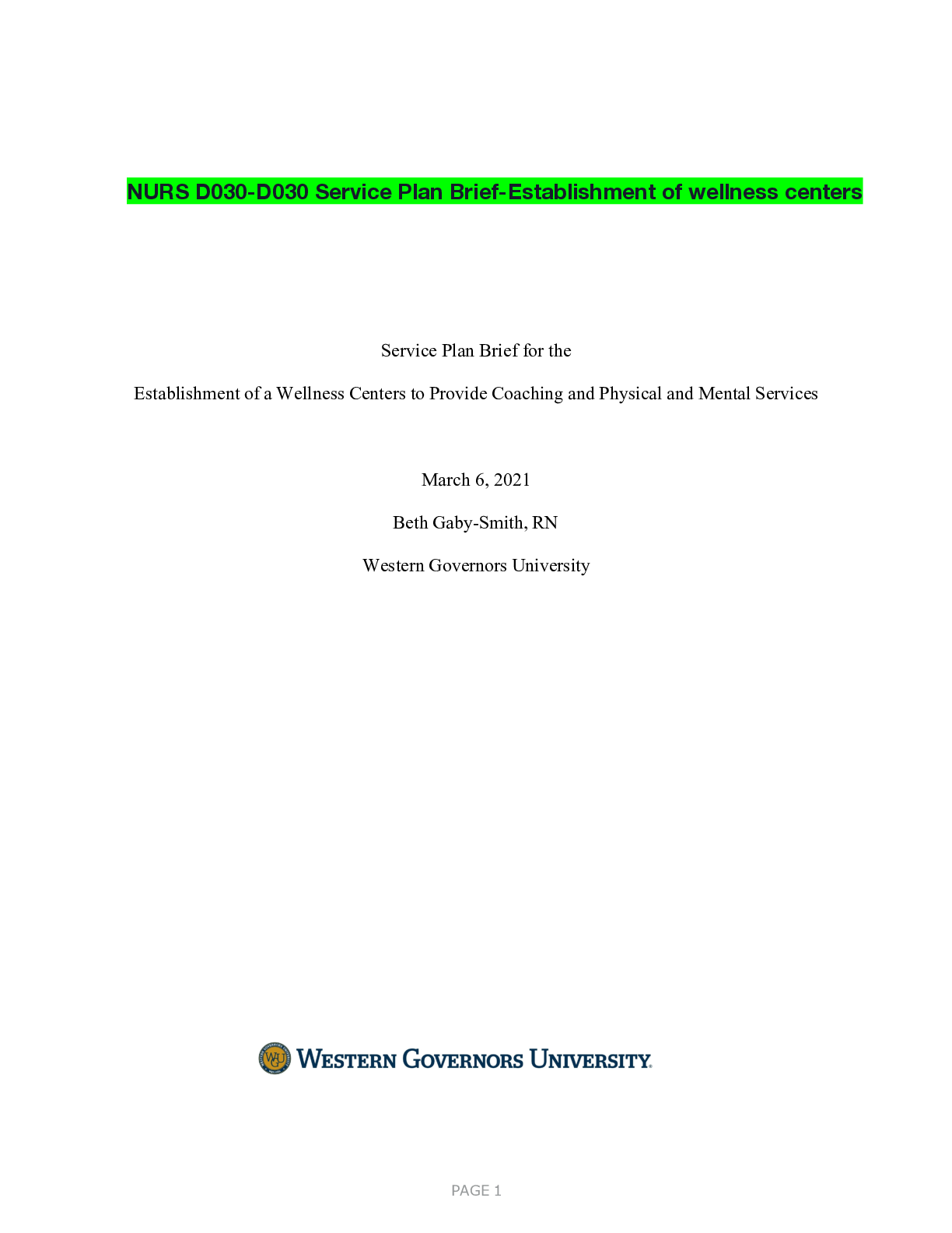 Recommended document preview for NURS D030-D030 Service Plan Brief-Establishment of wellness centers